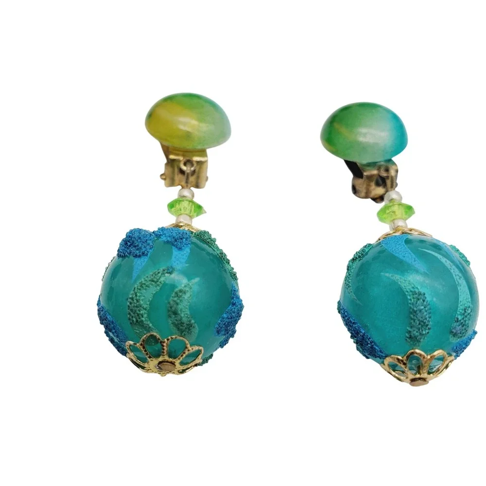 Hong Kong Necklace Clip Earrings Blue Green Flocked Beaded Acrylic Lucite Summer